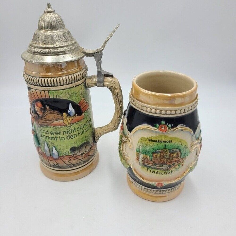 Vtg King Werk Beer Stein Mug Hand Painted Drink Beer Go to Heaven German Lot 2